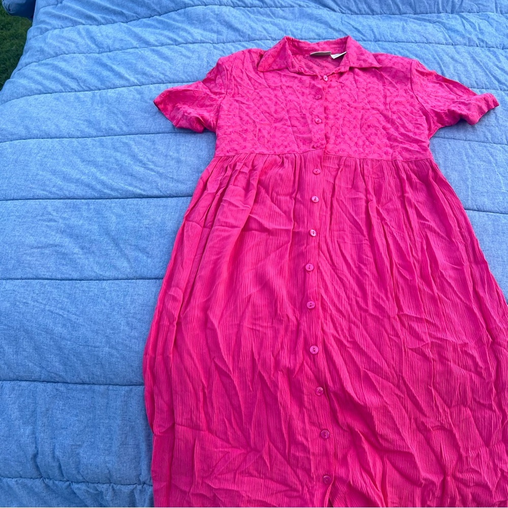 Vintage 220 Hickory Pink Shirt Dress Eyelet Bodice and Crinkle Skirt Size PM